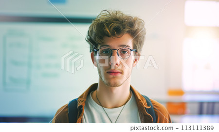 Portrait of a university student with a blackboard background, the importance of education and accessible learning for all segments of the population, back to school 113111389