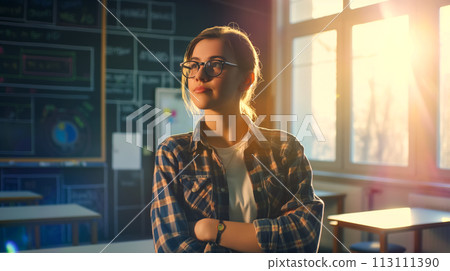 Portrait of a smiling girl against the background of a blackboard in the laboratory, a college student stands proudly in the classroom after successfully defending her work Portrait of a smiling girl against the background of a blackboard in the laboratory, a college student stands proudly in the classroom after successfully defending her work 113111390