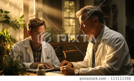 Two fellow therapists discuss a patient's treatment plan, warm cinematic lighting, clinic advertising, professionalism and commitment to patient care. Two fellow therapists discuss a patient's treatment plan, warm cinematic lighting, clinic advertising, professionalism and commitment to patient care. 113111398