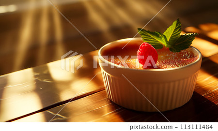 Catalan cream on the table in a cafe, bright rays of the morning sun, popular dessert served with fresh berries and mint leaves, selective focus on French vanilla cream, copy space for text 113111484