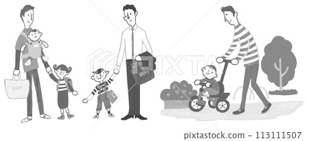 Parents and children taking a walk in the park with dad dropping them off at nursery school or elementary school, Ikumen, childcare leave Parents and children taking a walk in the park with dad dropping them off at nursery school or elementary school, Ikumen, childcare leave 113111507