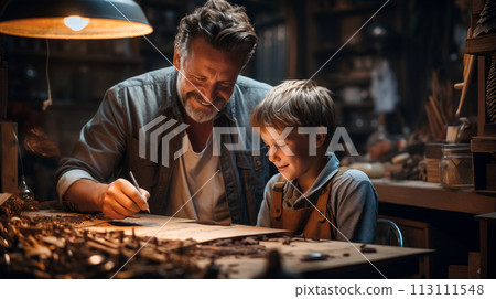 Father teaching his son to understand blueprints in carpentry workshop, Father's Day banner, generational connection 113111548