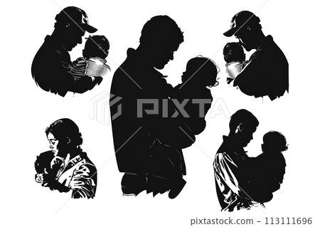 father holding baby in his arms, set of contour black icons illustrations on white background, concept for father's day or family day 113111696