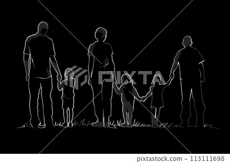 set of contour white icons illustrations on a black background of silhouettes of a child and father and family family and two children, concept for father's day or family day 113111698