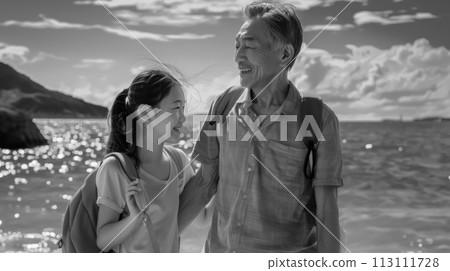 Black and white portrait of a loving father and teenage daughter while walking by the sea on a sunny day, happy Chinese family, father's day poster concept 113111728