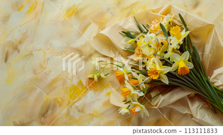 Poster with a bouquet with daffodils on a bright yellow background with copy space, greeting card for International Women's Day or Mother's Day, background for spring sale Poster with a bouquet with daffodils on a bright yellow background with copy space, greeting card for International Women's Day or Mother's Day, background for spring sale 113111833