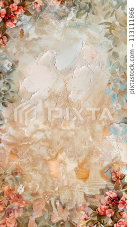 Vertical postcard concept on beautiful floral background, art nouveau style postcard for congratulations with copy space 113111866
