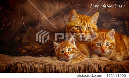 Drawing with red cat and kittens, copy space for Happy Father's Day concept card 113111900