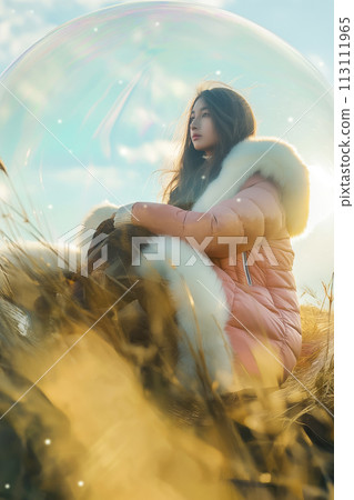 Vertical portrait of a woman in a bubble in a field, protection from allergies and creating her own safety boundaries 113111965