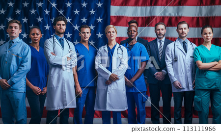 Portrait of clinic doctors against American flag background, Labor Day banner concept, inclusion and diversity at work 113111966