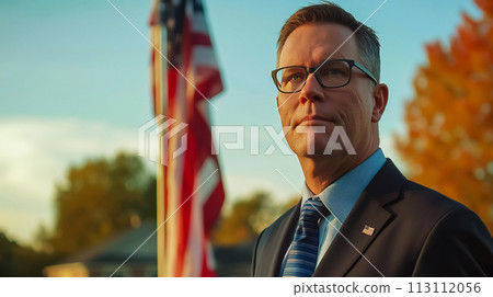 Portrait of a candidate for representative power in elections to the US Senate or Congress, participation in voting and pre-election rally 113112056