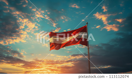 Flag of the Republic of Austria against the backdrop of a beautiful northern sky with magnificent clouds at sunset, NATO summit in Europe, participant flags 113112074