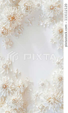 Vertical poster with white Japanese chrysanthemums and copy space for invitations to weddings, anniversaries or special occasions 113112120
