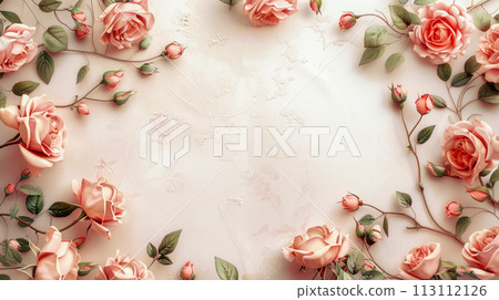 Beautiful roses on a delicate pink background in vintage art deco style with copy space for text, concept for a wedding or anniversary invitation 113112126