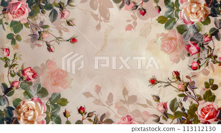 Drawing with roses in vintage art deco style with copy space for text, concept for wedding or anniversary invitation 113112130