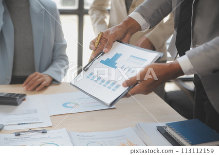 Finance manager meeting discussing company growth project success financial statistics, professional investor working start up project for strategy plan with document, laptop and digital tablet. 113112159