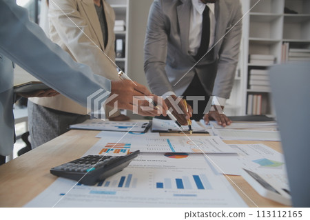 Finance manager meeting discussing company growth project success financial statistics, professional investor working start up project for strategy plan with document, laptop and digital tablet. 113112165