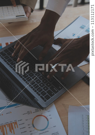 Finance manager meeting discussing company growth project success financial statistics, professional investor working start up project for strategy plan with document, laptop and digital tablet. 113112171