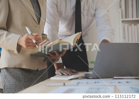 Finance manager meeting discussing company growth project success financial statistics, professional investor working start up project for strategy plan with document, laptop and digital tablet. 113112172