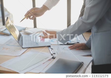 Finance manager meeting discussing company growth project success financial statistics, professional investor working start up project for strategy plan with document, laptop and digital tablet. 113112173