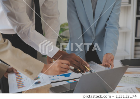 Finance manager meeting discussing company growth project success financial statistics, professional investor working start up project for strategy plan with document, laptop and digital tablet. 113112174