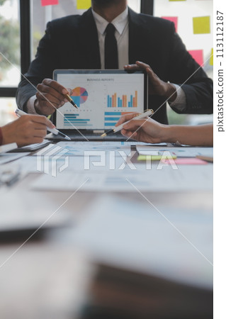 Finance manager meeting discussing company growth project success financial statistics, professional investor working start up project for strategy plan with document, laptop and digital tablet. 113112187