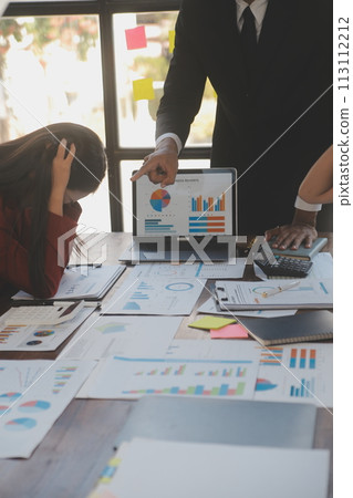 Frustrated upset multiracial business team people sad with bad work result in report disappointed in corporate bankruptcy failure crisis worried of paperwork problem sit at table at office meeting 113112212