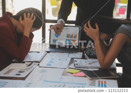 Frustrated upset multiracial business team people sad with bad work result in report disappointed in corporate bankruptcy failure crisis worried of paperwork problem sit at table at office meeting Frustrated upset multiracial business team people sad with bad work result in report disappointed in corporate bankruptcy failure crisis worried of paperwork problem sit at table at office meeting 113112213