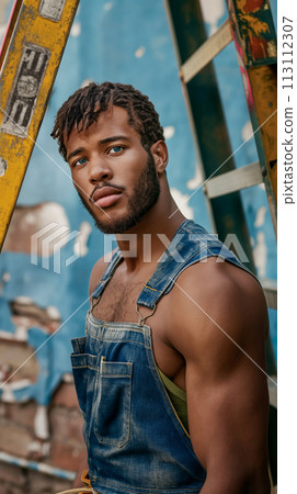 Vertical portrait of a young laborer construction worker in denim overalls, Labor Day poster concept, traditions and hard work of builders Vertical portrait of a young laborer construction worker in denim overalls, Labor Day poster concept, traditions and hard work of builders 113112307