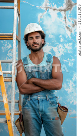 Portrait of a construction worker for Labor Day, vertical portrait of a young professional Portrait of a construction worker for Labor Day, vertical portrait of a young professional 113112309