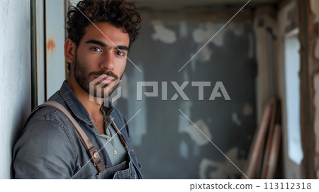 Male painter leaning tiredly against the wall, idea for labor day poster with copy space, home renovation and construction 113112318