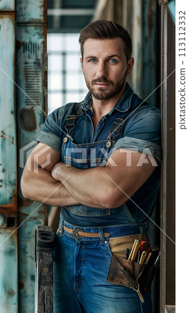 A specialist electrician stands with his arms crossed and leaning against the wall, looking into the camera, the concept of a vertical portrait for Labor Day, the traditions and hard work of builders A specialist electrician stands with his arms crossed and leaning against the wall, looking into the camera, the concept of a vertical portrait for Labor Day, the traditions and hard work of builders 113112332