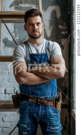 Vertical portrait of a construction worker installer for Labor Day, idea for a poster or article Vertical portrait of a construction worker installer for Labor Day, idea for a poster or article 113112334