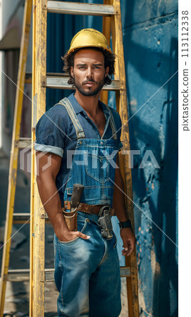 Poster of an electrician specialist against the background of a construction ladder near the house, the concept of a vertical portrait for Labor Day Poster of an electrician specialist against the background of a construction ladder near the house, the concept of a vertical portrait for Labor Day 113112338
