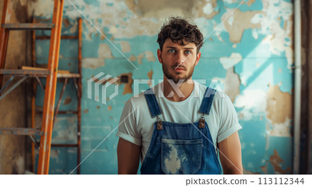 Portrait of a builder against the background of the wall of an old house, preparation for dismantling, concept for Labor Day, traditions and hard work of builders Portrait of a builder against the background of the wall of an old house, preparation for dismantling, concept for Labor Day, traditions and hard work of builders 113112344