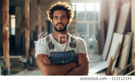 Portrait of a young graphic artist in his studio, a young African American man stands with his arms crossed and looking seriously at the camera Portrait of a young graphic artist in his studio, a young African American man stands with his arms crossed and looking seriously at the camera 113112345