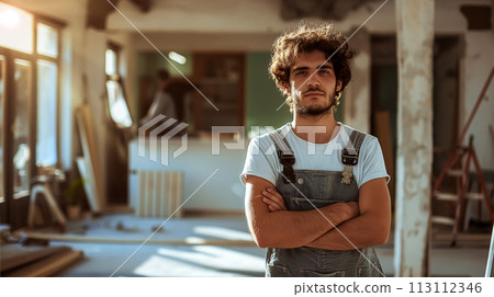 Portrait of a young construction worker standing against the background of an old house being rebuilt, free space with Labor Day concept Portrait of a young construction worker standing against the background of an old house being rebuilt, free space with Labor Day concept 113112346