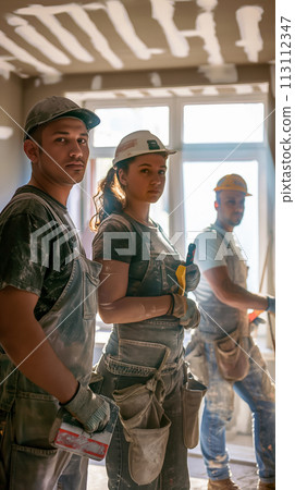 Vertical portrait of young construction professionals and mentor during office renovation, backlight, mentoring concept and Labor Day banner Vertical portrait of young construction professionals and mentor during office renovation, backlight, mentoring concept and Labor Day banner 113112347