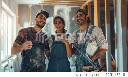 Horizontal portrait of young professional painters at a construction site, mentorship concept and Labor Day banner Horizontal portrait of young professional painters at a construction site, mentorship concept and Labor Day banner 113112348