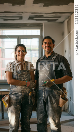 Vertical portrait of builders, a young specialist and an experienced master, a concept for Labor Day and continuity of generations Vertical portrait of builders, a young specialist and an experienced master, a concept for Labor Day and continuity of generations 113112352