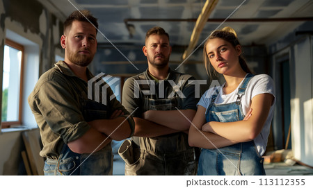 Portrait of painters looking seriously into the frame, specialists at a construction site, advertisement for apartment or office renovation, poster idea for Labor Day Portrait of painters looking seriously into the frame, specialists at a construction site, advertisement for apartment or office renovation, poster idea for Labor Day 113112355