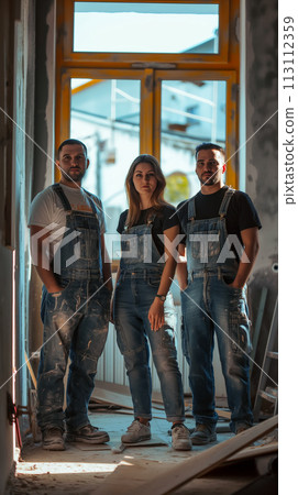 Vertical portrait by specialist artists at a construction site in preparation for painting an office, reconstruction and renovation of old buildings, concept for Labor Day Vertical portrait by specialist artists at a construction site in preparation for painting an office, reconstruction and renovation of old buildings, concept for Labor Day 113112359