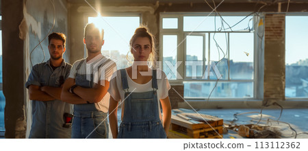 Banner with young builders on construction site, reconstruction and renovation of old buildings, copy space for labor day concept Banner with young builders on construction site, reconstruction and renovation of old buildings, copy space for labor day concept 113112362