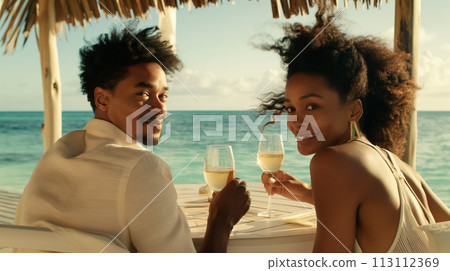 Portrait of a married couple at a table in a cafe on the sea coast, wedding travel, newlyweds looking at the camera, invitation to a cruise to the Caribbean islands 113112369