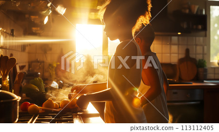 Teenagers preparing themselves breakfast in the kitchen on a sunny morning, backlit shot, idea for family day concept Teenagers preparing themselves breakfast in the kitchen on a sunny morning, backlit shot, idea for family day concept 113112405