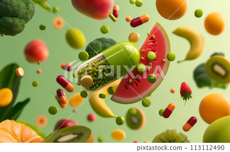 Floating capsule with vitamins and colorful fruits and vegetables 113112490