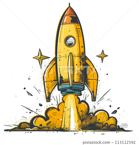Rocket launch on white background. Vector hand drawn illustration in vintage style. 113112592