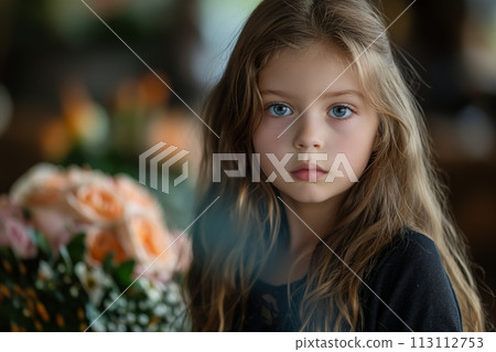 A sad little Caucasian girl at a funeral ceremony in a church 113112753