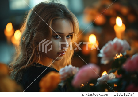 Portrait of a sad crying young Caucasian woman at a funeral ceremony in a church 113112754