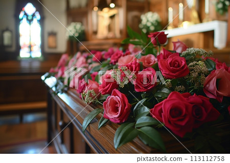 Close up view of a brown wooden coffin decorated with red roses in a church Close up view of a brown wooden coffin decorated with red roses in a church 113112758